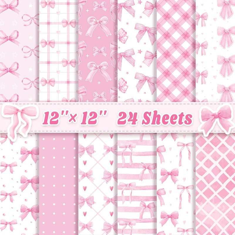 Feivando 24 Sheets Pink Bow Scrapbook Paper 12'' × 12'' Double-Sided Bows Pattern Paper Pink Plaid Decorative Decoupage Cardstock for DIY Card Craft Making Scrapbook Supplies - Image 1